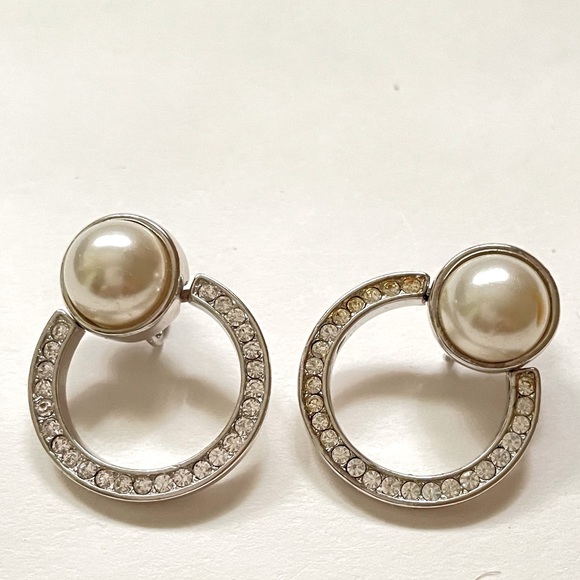 Kenneth Jay Lane Clip Earrings Pearl Crystal Hoops Signed KJL - Picture 1 of 7